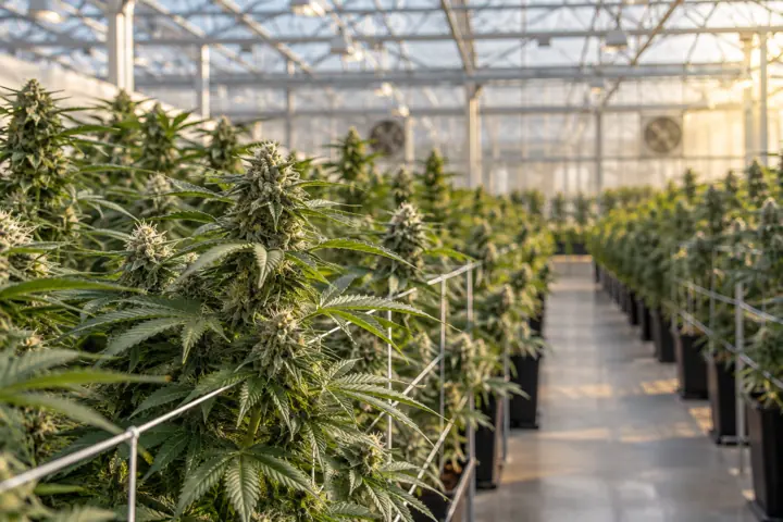 Illustrative industry scene: orderly cannabis plants in a professional cultivation greenhouse, botanical business setting