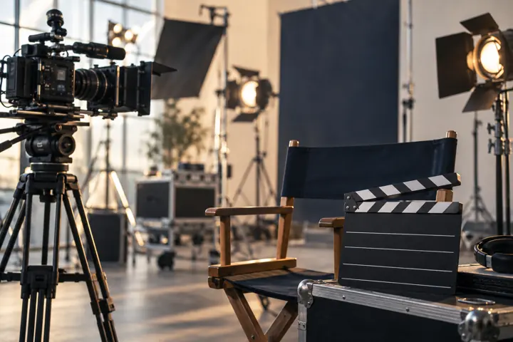 Illustrative industry scene: film production studio equipment with camera, lights and a blank clapperboard