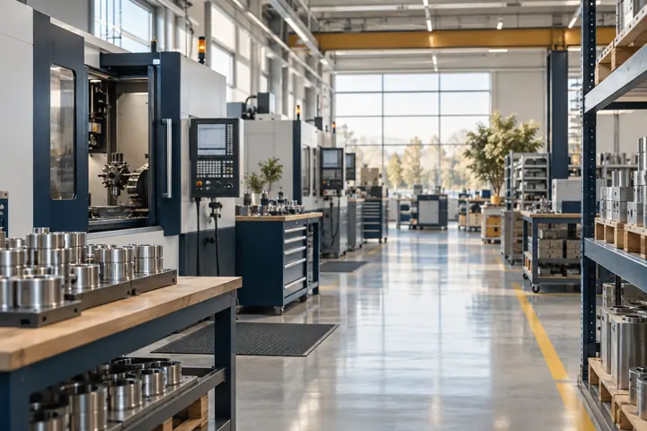 Illustrative industry scene: a clean modern manufacturing floor with precision machinery and neatly organized materials
