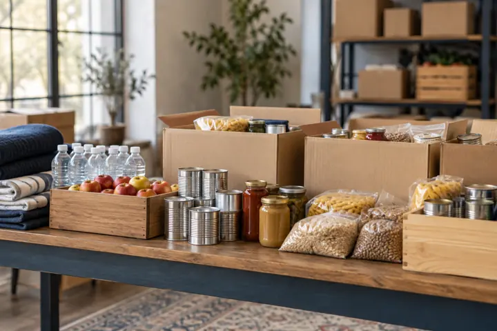 Illustrative industry scene: volunteer donation sorting table with organized food boxes and supplies, no labels or people