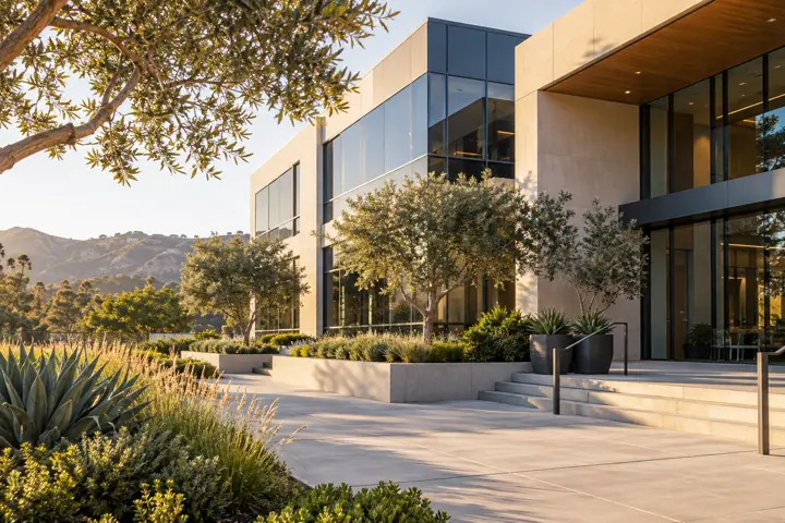 Illustrative industry scene: contemporary Southern California commercial architecture with landscaping in warm daylight