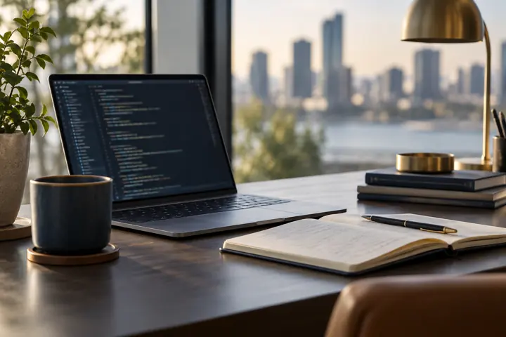 Illustrative industry scene: modern technology workspace with laptop, subtle code-like blurred screen and notebook