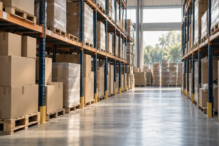 Illustrative industry scene: organized warehouse aisle with pallets and plain shipping cartons