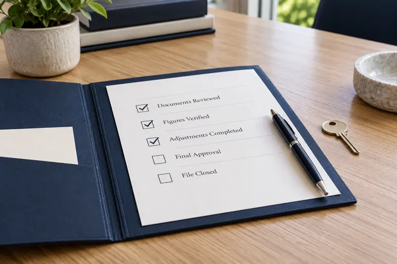 An approval checklist in an open folder with a pen and key