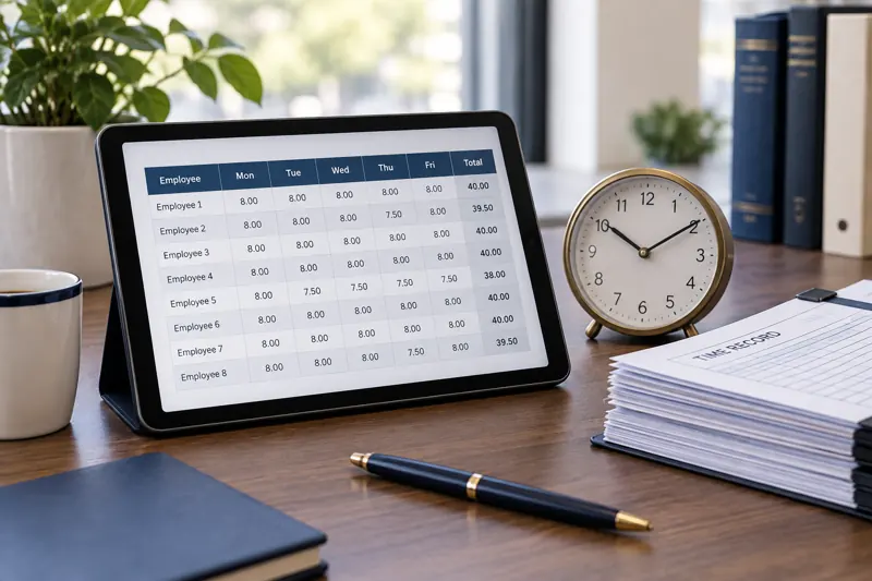 A payroll schedule on a tablet beside organized time records and a clock