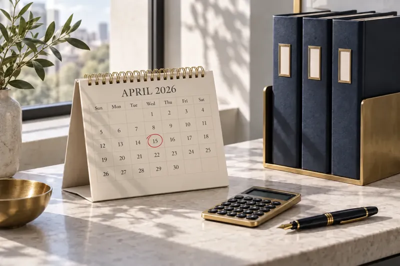 April 2026 desk calendar with April 15 circled in red